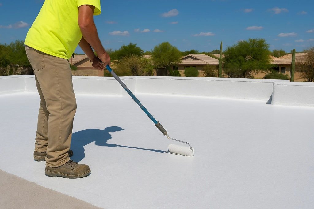 Roof coatings being applied to a flat roof in Goodyear to protect against heat and sun damage